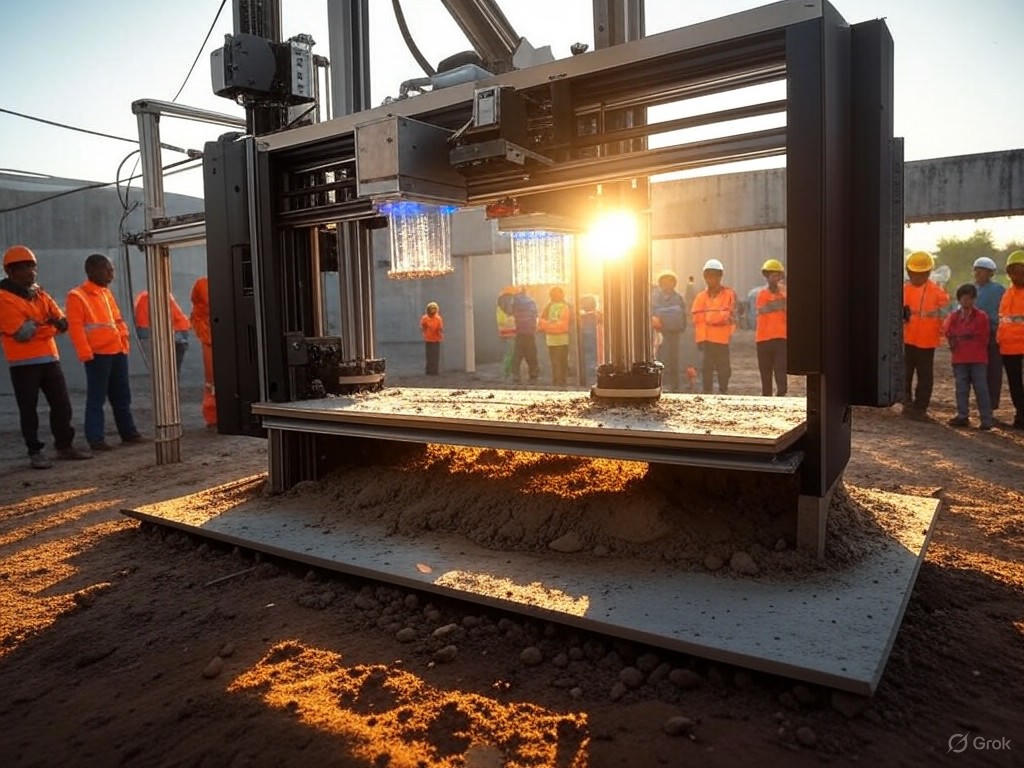 A 3D printer constructing a modular school building