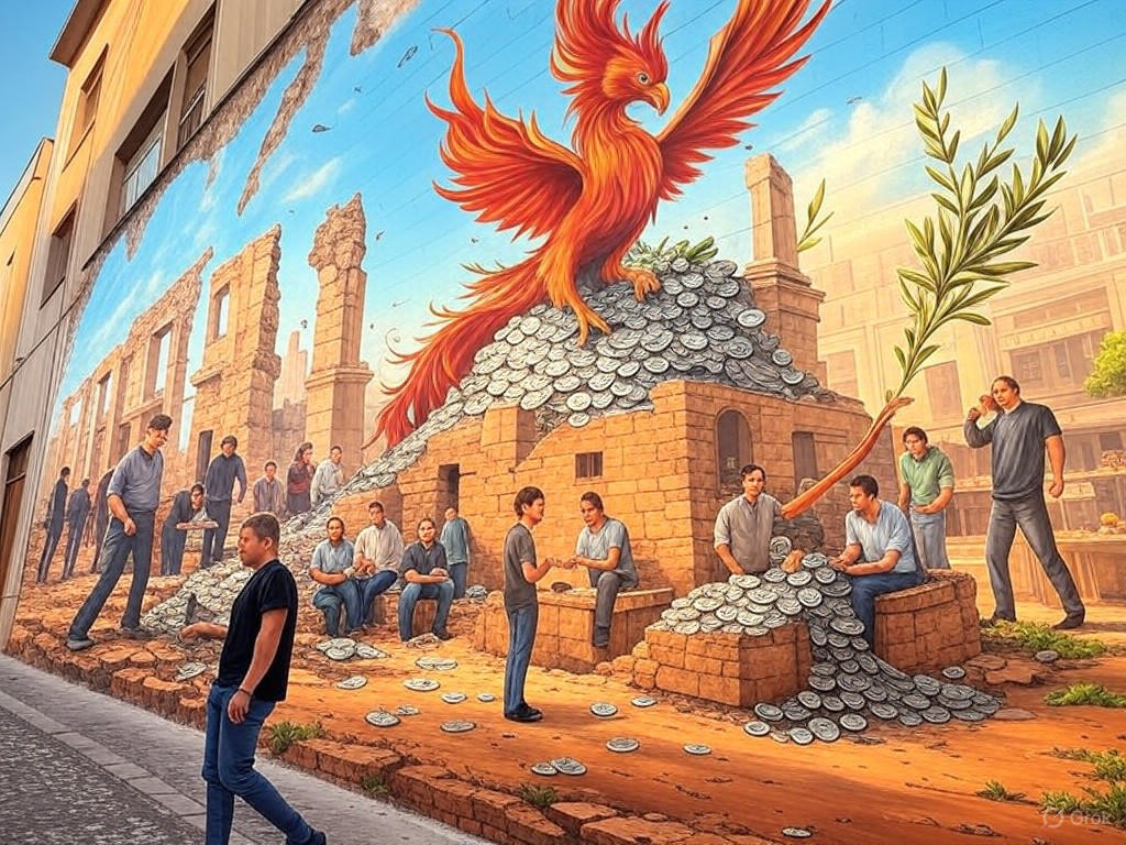 Vibrant mural in Exarcheia depicting economic rebirth