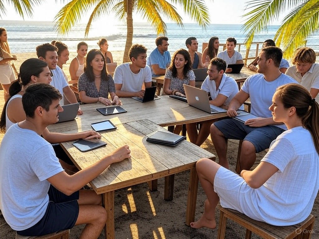 Bali nomads collaborating at a beachside coworking space