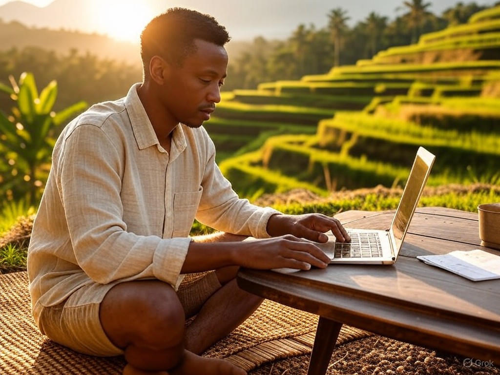 A digital nomad working from a Balinese rice terrace
