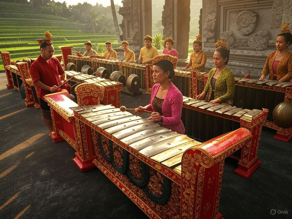 Balinese Gamelan Ensemble in Temple Ceremony