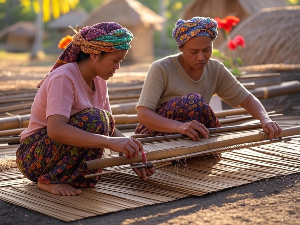 Weavers crafting bamboo textiles in a Balinese village
