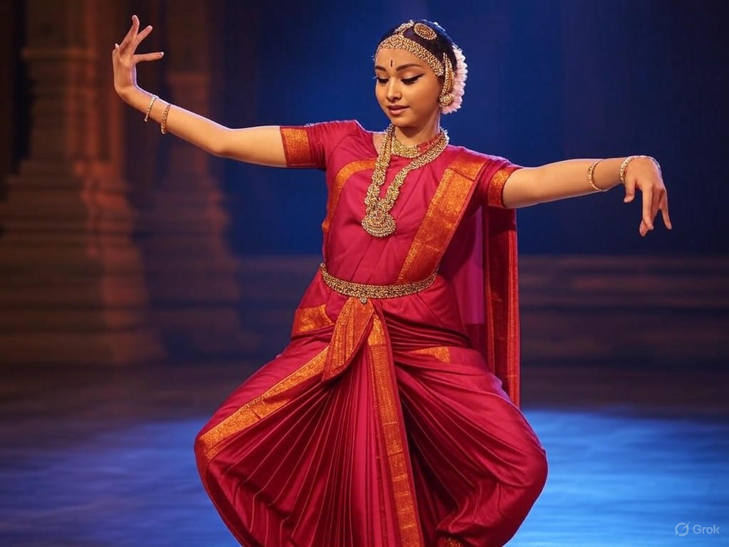A solo Bharatanatyam performer in traditional attire, capturing the precision and devotion of classical Indian dance