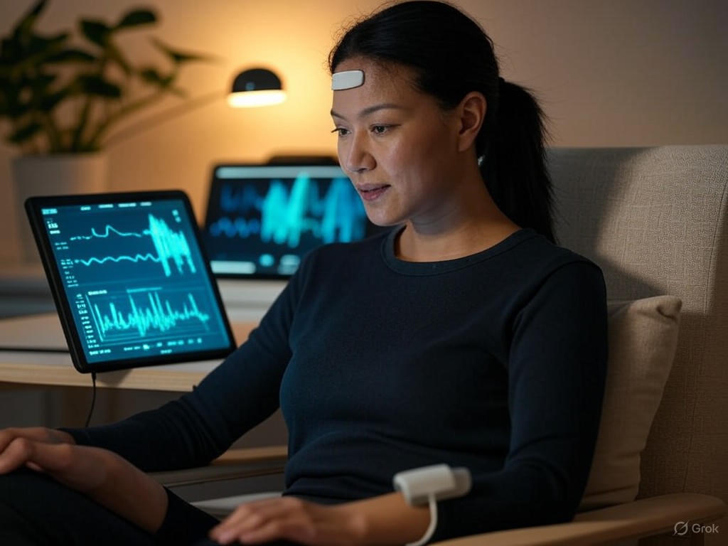 A user engaging with a biofeedback device during a stress management session