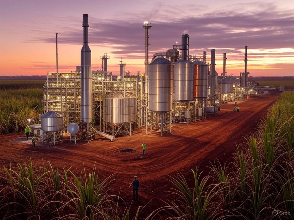 Brazilian bioenergy processing plant at dusk