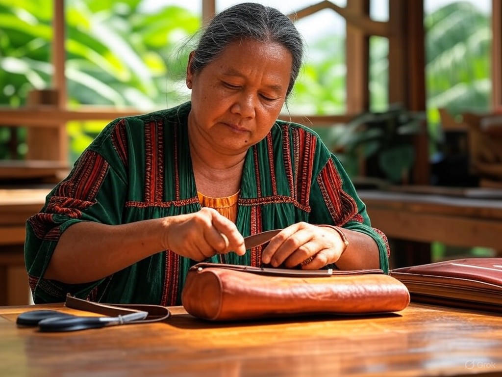 Brazilian artisan crafting vegan leather accessories