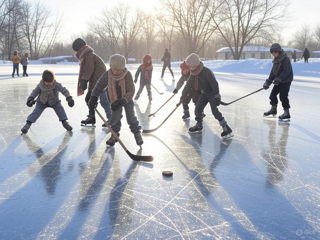 Young players on a frozen pond