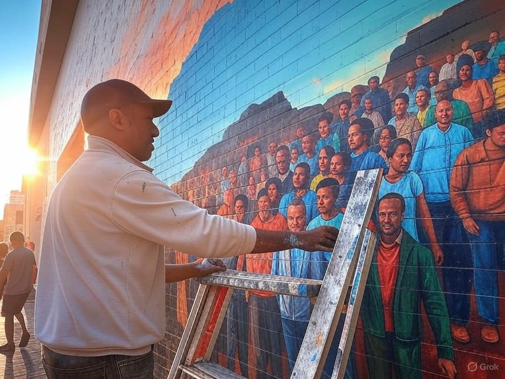 Street artist at work in an urban setting