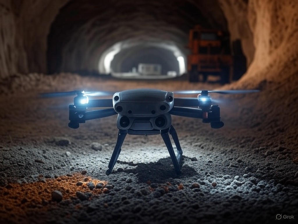 A drone performing a safety inspection in an underground mine