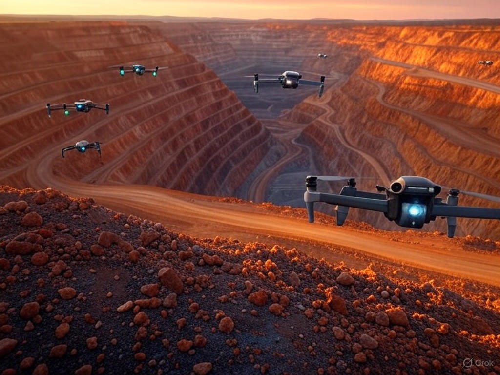 Drones mapping an open-pit mine at dusk