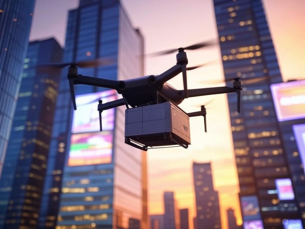 A drone deftly navigating a bustling city skyline at sunset