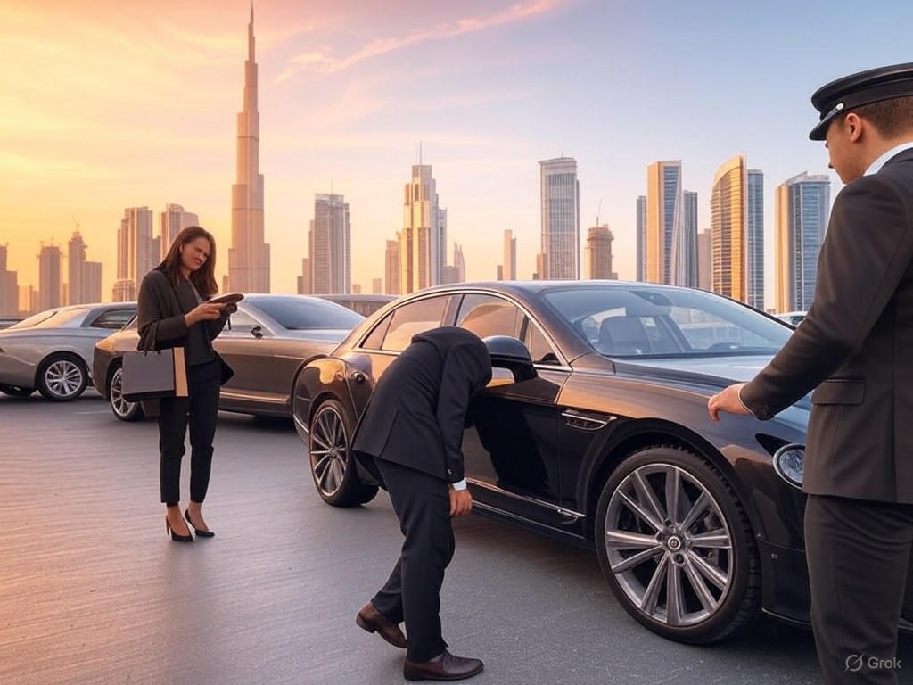 Dubai skyline with gig workers in action