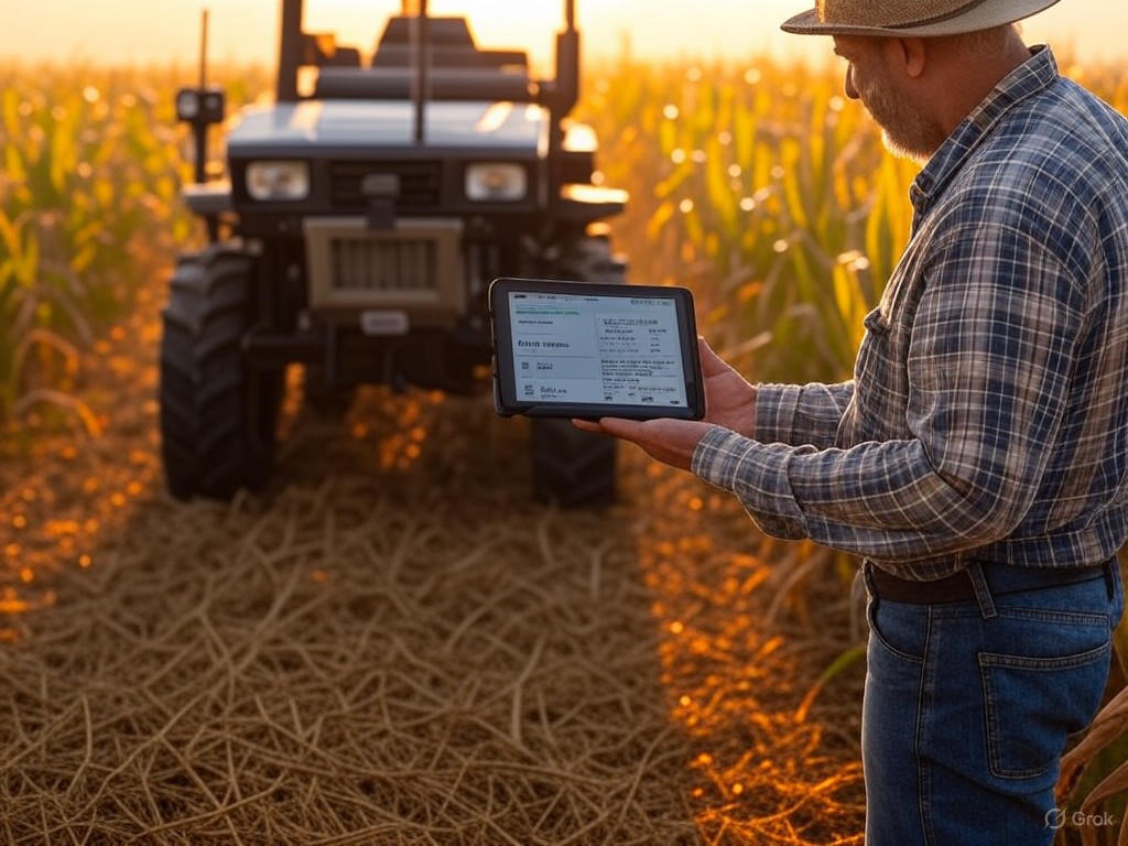 Farmer monitoring autonomous tech on tablet