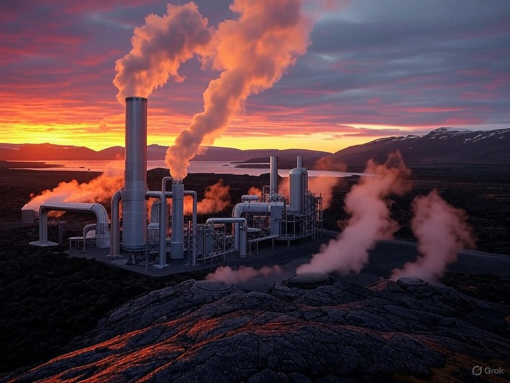 Icelandic geothermal power plant at dusk