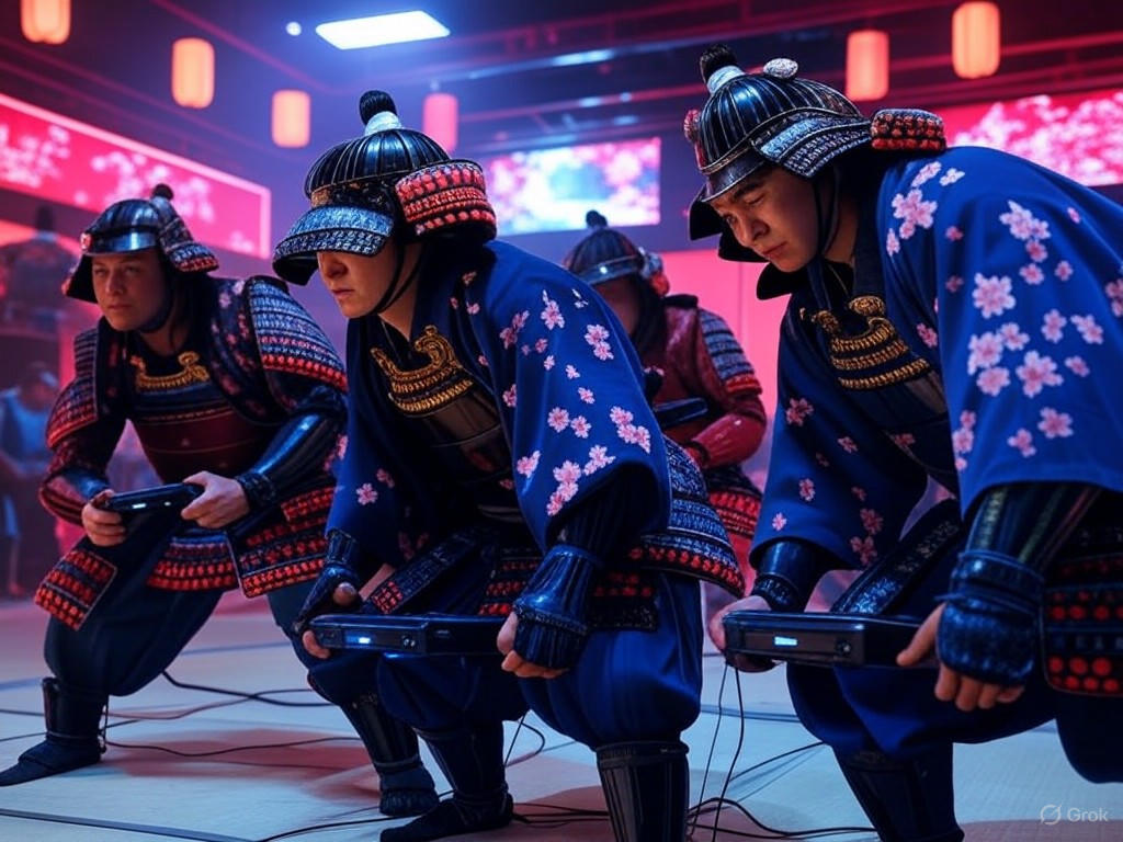 E-sports competitors in traditional attire