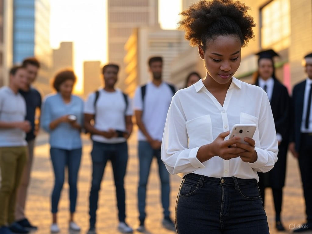 A graduate showcasing a mobile app prototype in Johannesburg