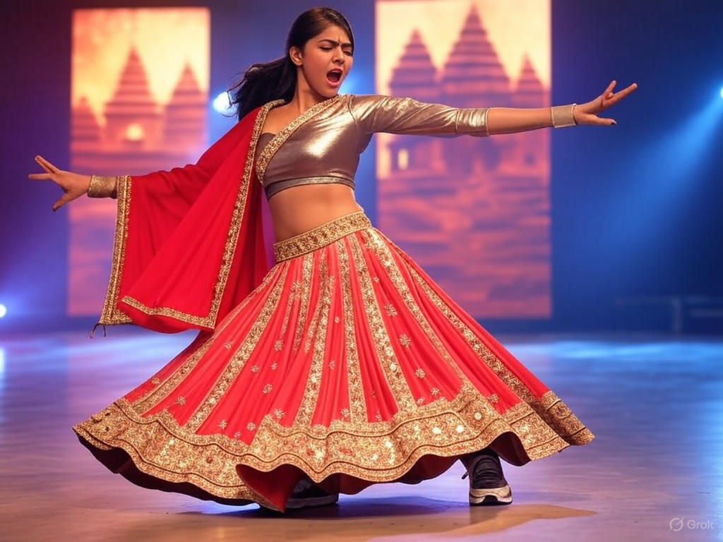 Contemporary fusion of Kathak with modern elements, showcasing a dancer in a blend of traditional and urban attire