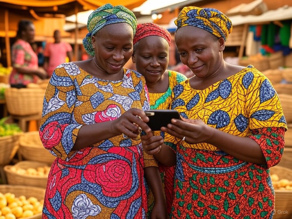 Kenyan market women reviewing crowdfunding pitches on a mobile device
