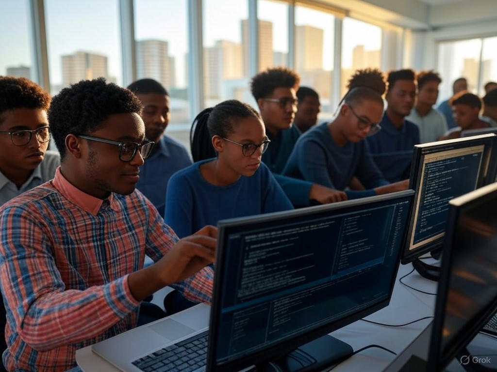 Students collaborating on coding projects in a Lagos bootcamp