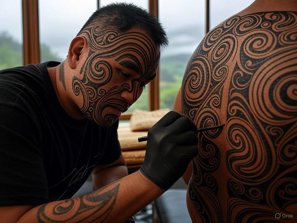 Contemporary Maori tattoo artist at work