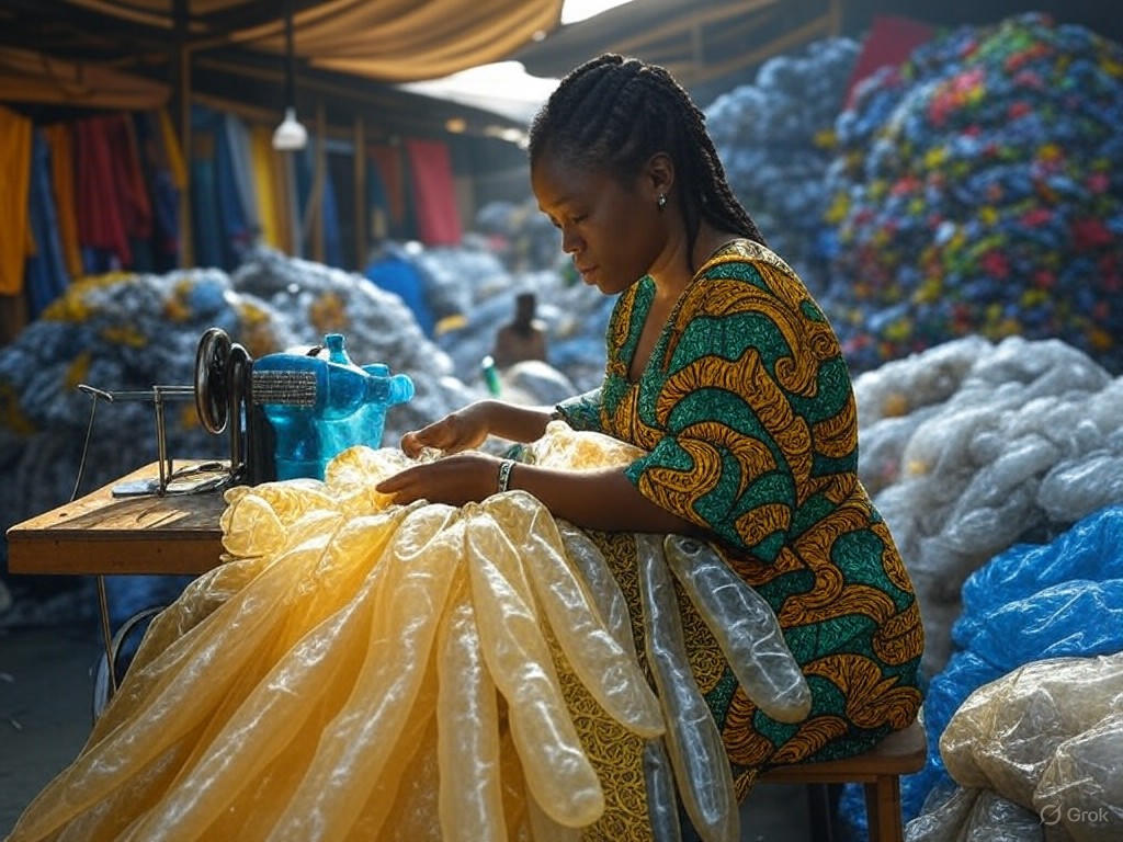 Nigerian designer crafting upcycled outfit