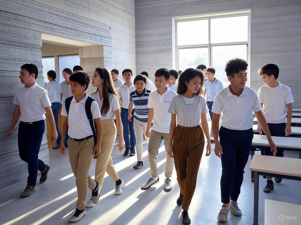 Students entering a newly 3D-printed school classroom