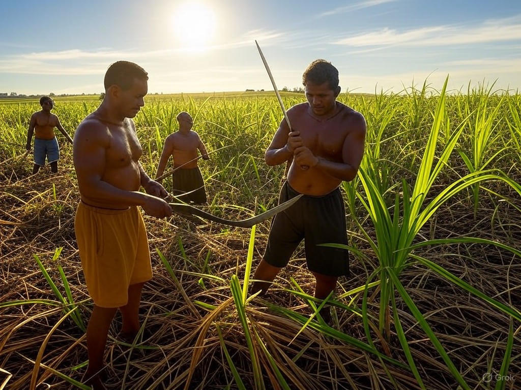 Sugarcane workers harvesting under the Brazilian sun