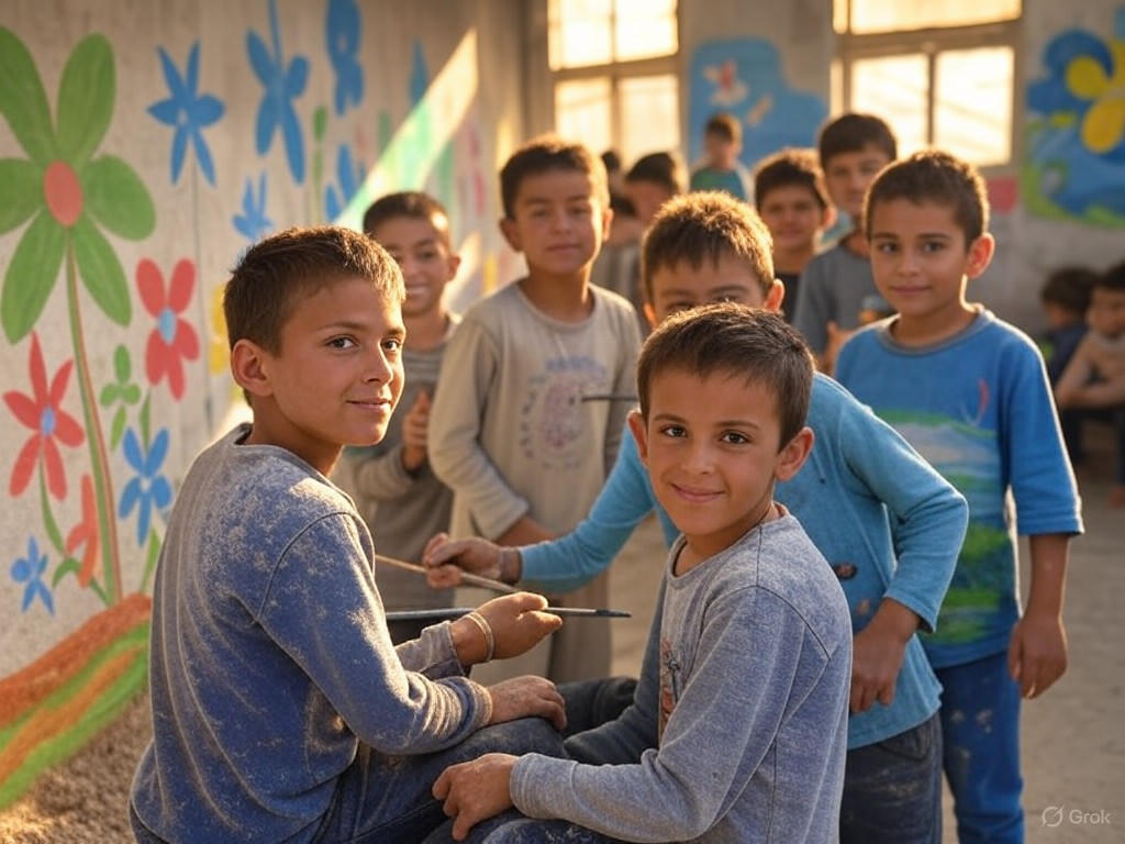 Syrian children creating vibrant murals in a therapy workshop