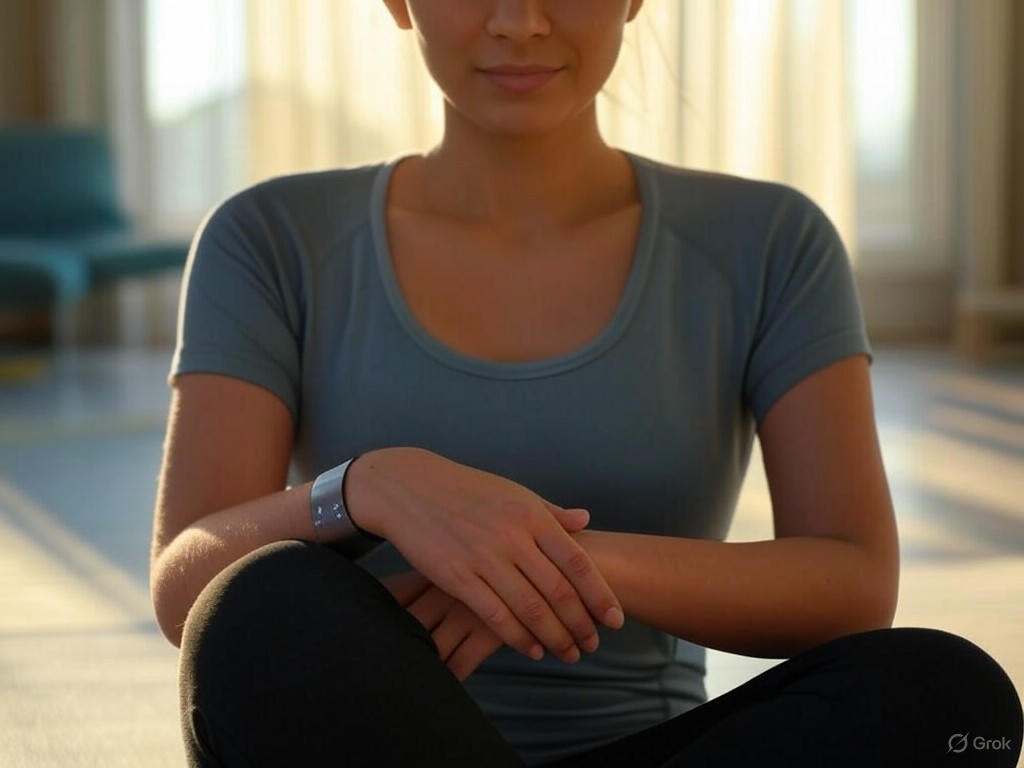 A user wearing a sleek mental health tracker during a mindfulness session