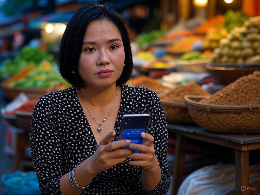 Vietnamese entrepreneur reviewing loan app on smartphone