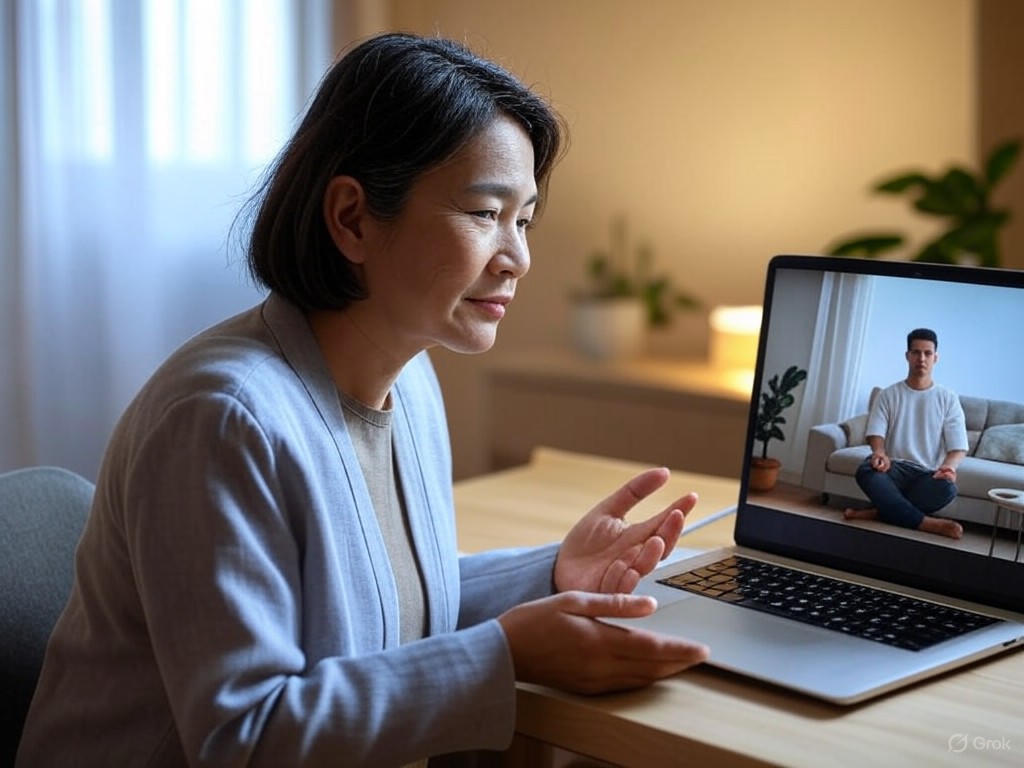 A therapist guiding a client through a mindfulness exercise via video call