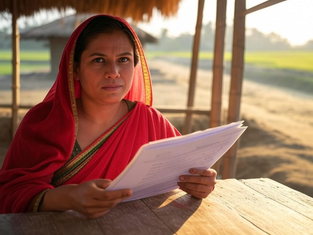 A Bangladeshi woman reviewing loan documents